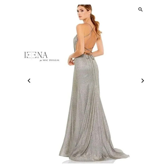 Ieena for Mac Duggal Womens Sz 4 Lace-Up Trumpet Formal Prom Dress Gown Silver - Picture 1 of 11
